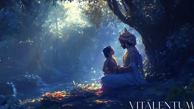 Luminescent forest tableau of divine figures in radial light.