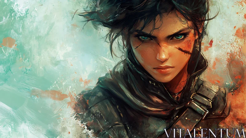 Fierce warrior gazes ahead with stormy, determined eyes