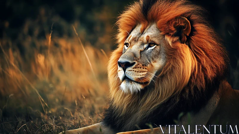 Male lion in warm backlight exhibits sculpted mane detail