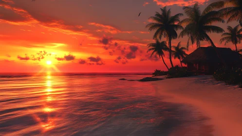 Digital coastal render shows sunset over palm-lined shoreline