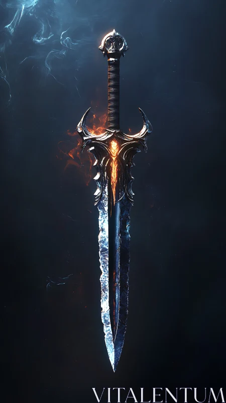 Two-toned ornate sword with molten core and icy blade.