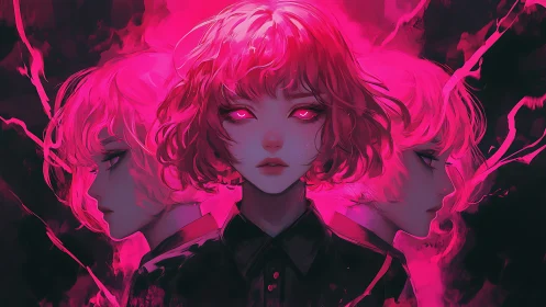 Triadic pink-haired figure with glowing eyes in neon field.