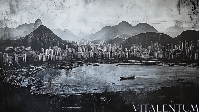 Monochrome harbor skyline meets layered mountain silhouettes.