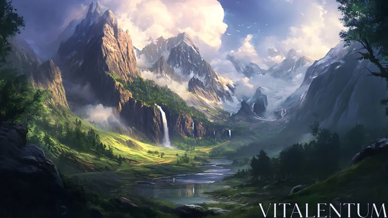 Panoramic alpine valley with waterfalls, glacial peaks, soft light