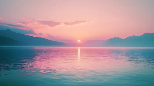 Gentle pastel sunrise glows softly over calm mountain lake