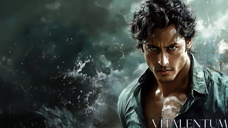 Brooding man emerges from stormlit abstract ocean