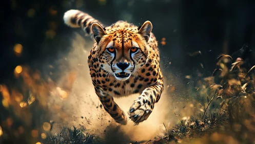 Swift cheetah sprinting through glowing wild grassland.