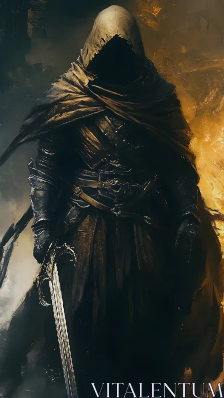 Hooded figure in dark armor stands holding a sword