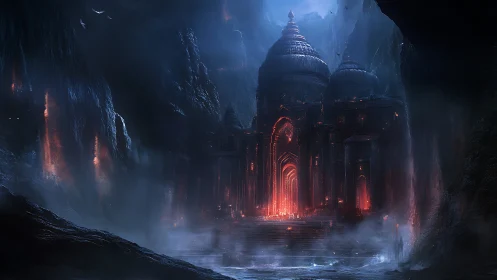 Subterranean temple complex with red illuminated arches.