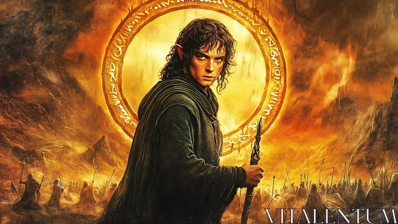 Young hero stands before fiery ring of destiny with courage.