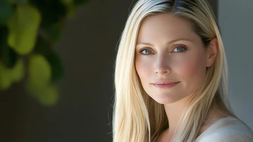 Blonde woman portrait in soft natural window light