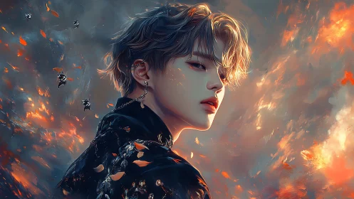 Side-profile portrait in fiery abstract digital setting.