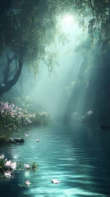 Enchanted forest lagoon under volumetric teal sunlight beams.