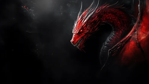 Crimson dragon glows fiercely against a deep shadowed sky
