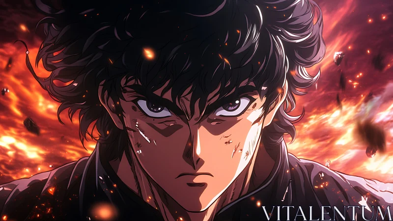 Fierce anime hero stands strong against a blazing storm