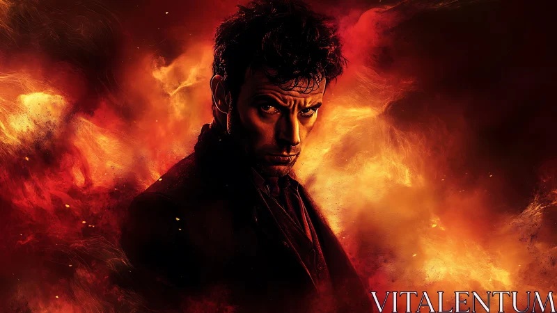 Male figure in dark clothing amid orange fire clouds.