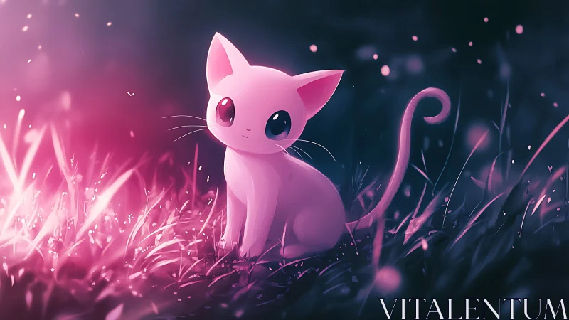 Pink stylized cat in glowing grass under soft night light.