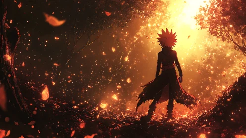 Ember-crowned wanderer facing a blazing autumn gateway.