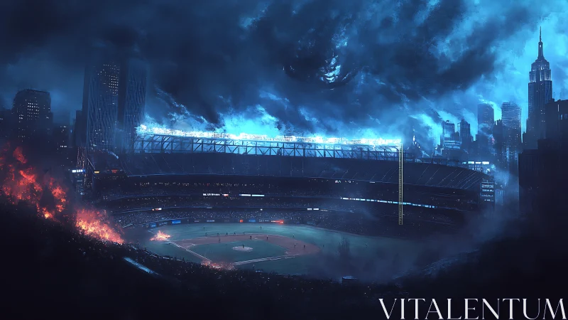 Storm-darkened baseball stadium under apocalyptic city sky