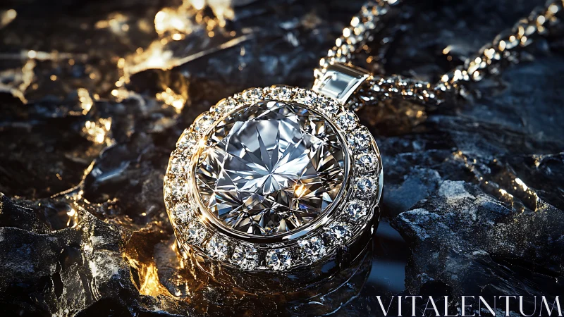 Macro render of halo diamond pendant on reflective dark stone