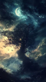 Ancient tree silhouette under stormy moonlit sky at dusk.