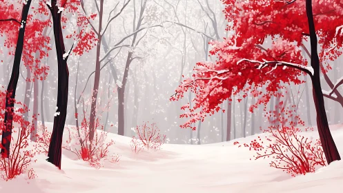 Red Leaves Dance Through Misty Winter Forest Path.