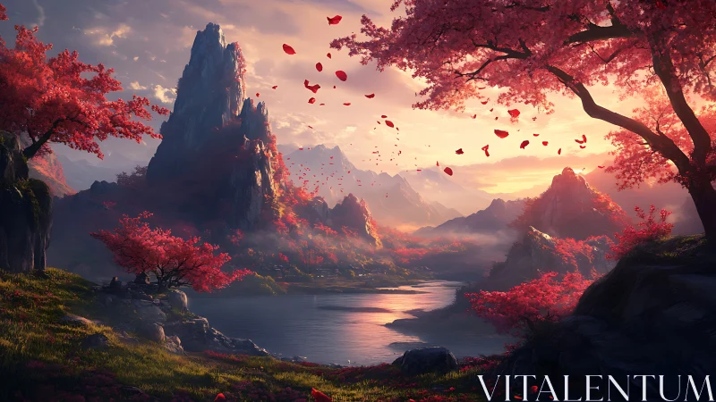 Sunlit crimson valley surrounds misty river and spires