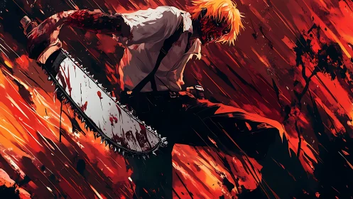 Blood-soaked chainsaw warrior lunges through burning chaos