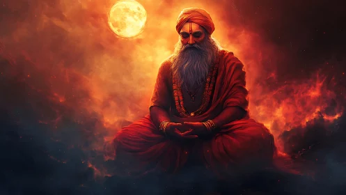 Seated ascetic in orange robes under full moon, digital art.