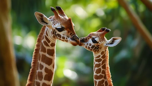 Juvenile giraffes share tender nuzzle in dappled forest light.