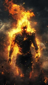 Fiery humanoid figure walking through smoke and embers.
