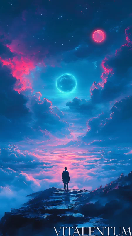Solitary figure observes twin neon moons above luminescent clouds