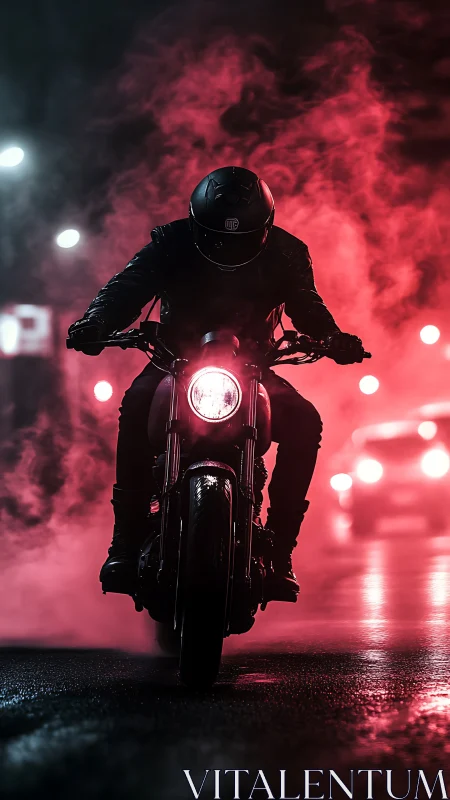 Motorcyclist in wet neon street with red backlit fog at night