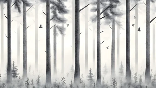 Misty forest corridor with tall conifers and descending birds.