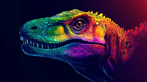 Neon dinosaur portrait glows with bold, rainbow-scaled charm