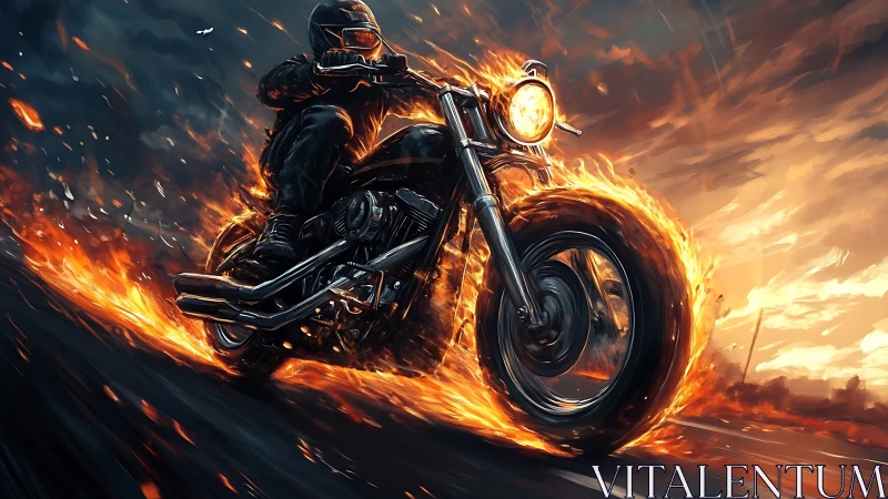 Motorcycle rider on flaming road in stylized digital scene.