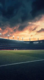 Floodlit soccer stadium waits beneath dramatic storm sky