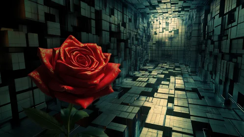 Red rose in geometric metallic corridor with receding depth.