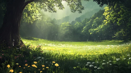 Sunlit Forest Meadow with Wildflowers.
