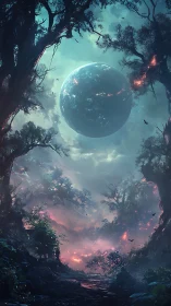 Luminescent exoplanet above bioluminescent fractal forest.