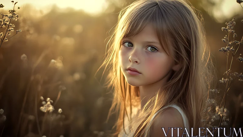 Young child portrait in field with golden hour lighting and dried flora