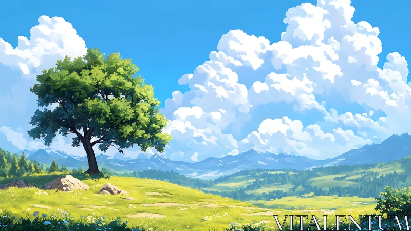 Single oak on alpine meadow under cumulus cloud architecture.