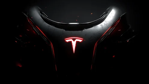 Illuminated Tesla emblem on glossy black surface in dark scene.