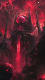 Dark infernal fortress with blood red energy core.