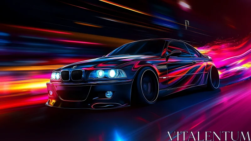 Street racer coupe with neon motion trails at night.