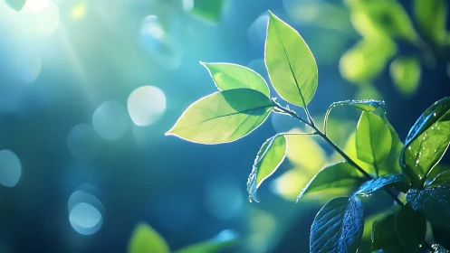 Sunlit Green Leaves with Dew in Soft Focus Nature Photography.