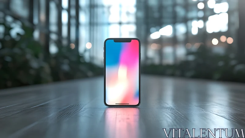 Bezel-less smartphone stands on reflective office floor.