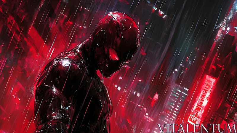 Cyberpunk vigilante under neon storm in oblique composition.