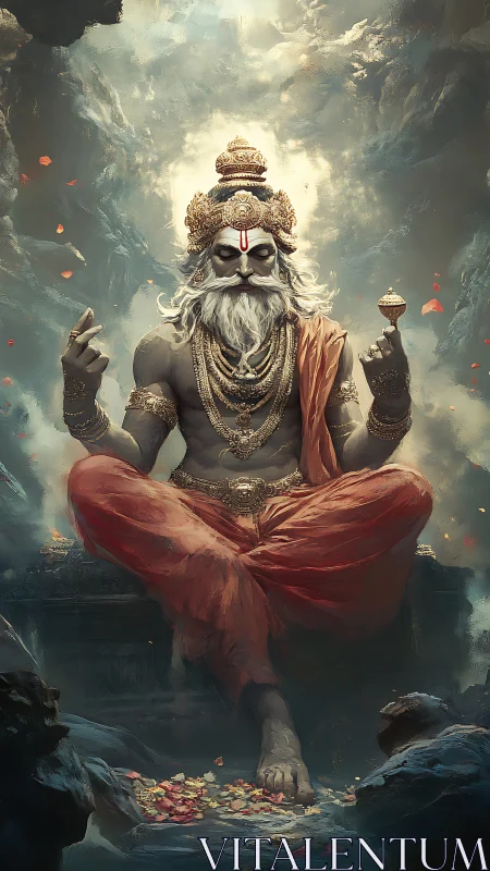 Monochrome ascetic deity levitates amid atmospheric volumetric clouds