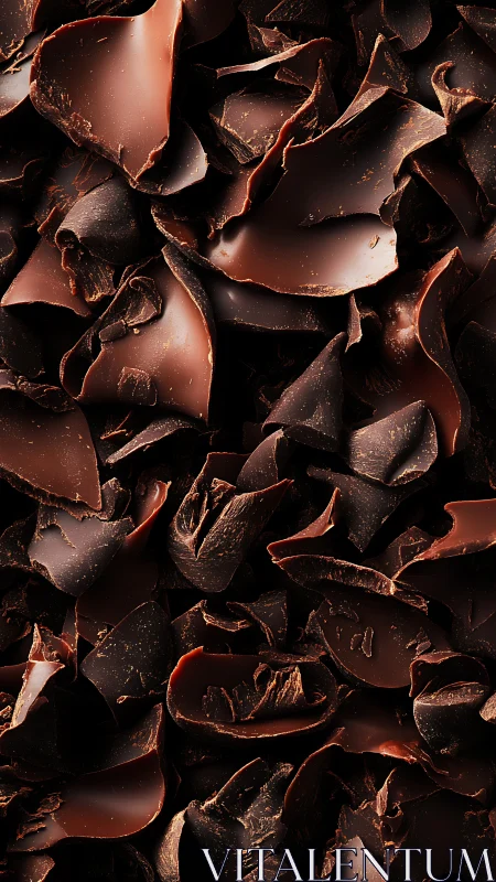 Dark chocolate shards form a sculptural macro surface study